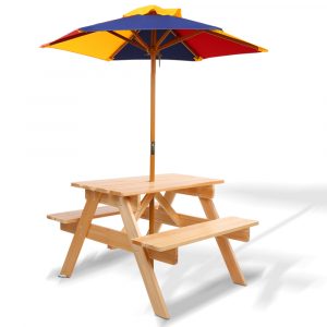 Kids Wooden Picnic Table Set with Umbrella - Natural